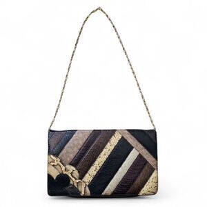 Vintage Patchwork Leather Chain Clutch Bag Snakeskin Stripe Shoulder Purse